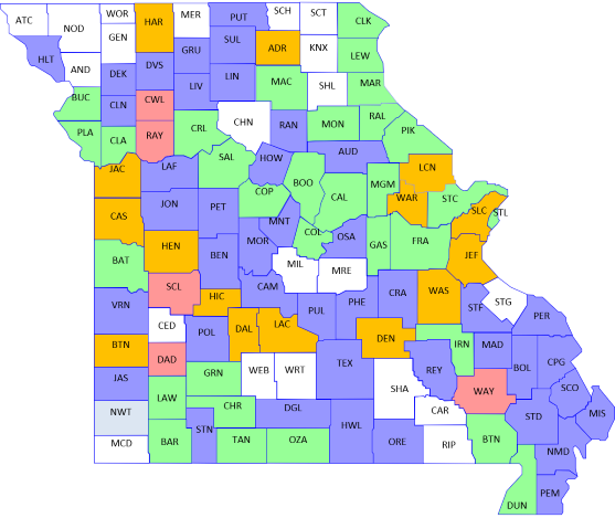 Picture of Missouri QSO Party Counties Activated in 2022