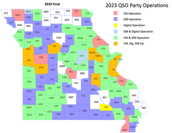 Picture of Missouri QSO Party Counties Activated in 2023